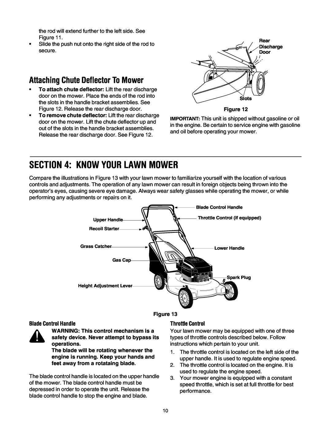 Yard Machines through 429, 410 manual Know Your Lawn Mower, Attaching Chute Deflector To Mower, Blade Control Handle 