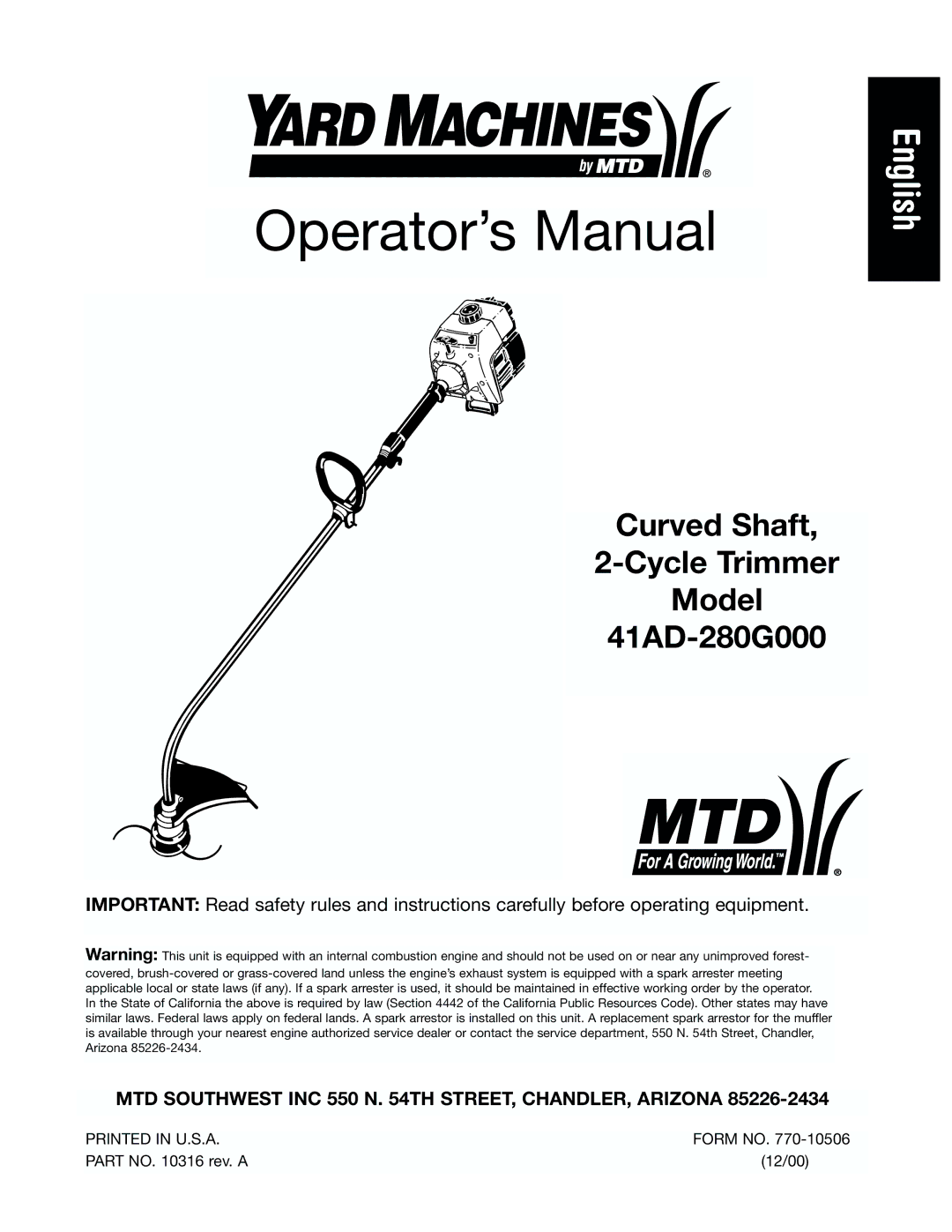 Yard Machines 41AD-280G000 manual Operator’s Manual 