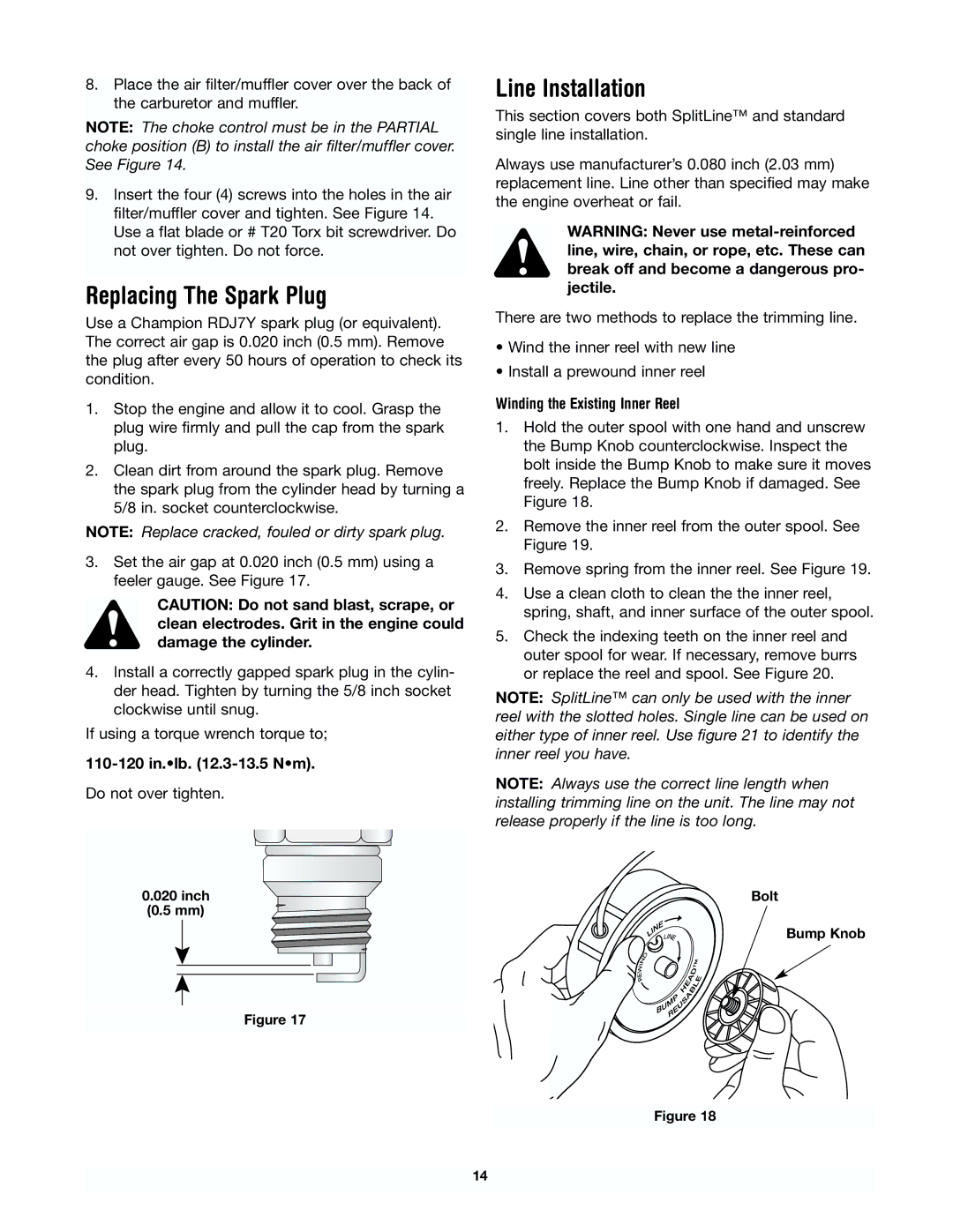 Yard Machines 41AD-280G000 manual Replacing The Spark Plug, Line Installation, 110-120 in.lb .3-13.5 Nm 