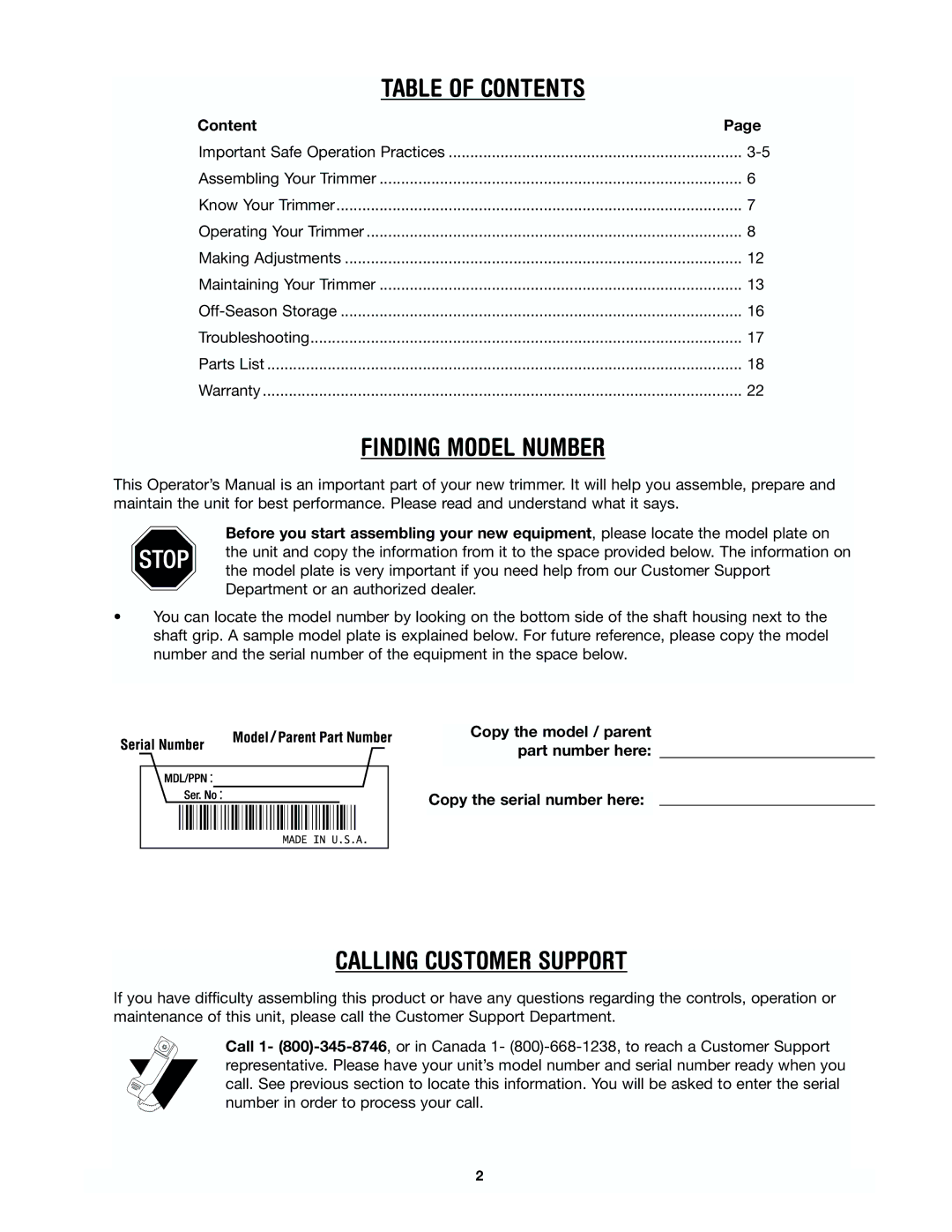 Yard Machines 41AD-280G000 manual Table of Contents 