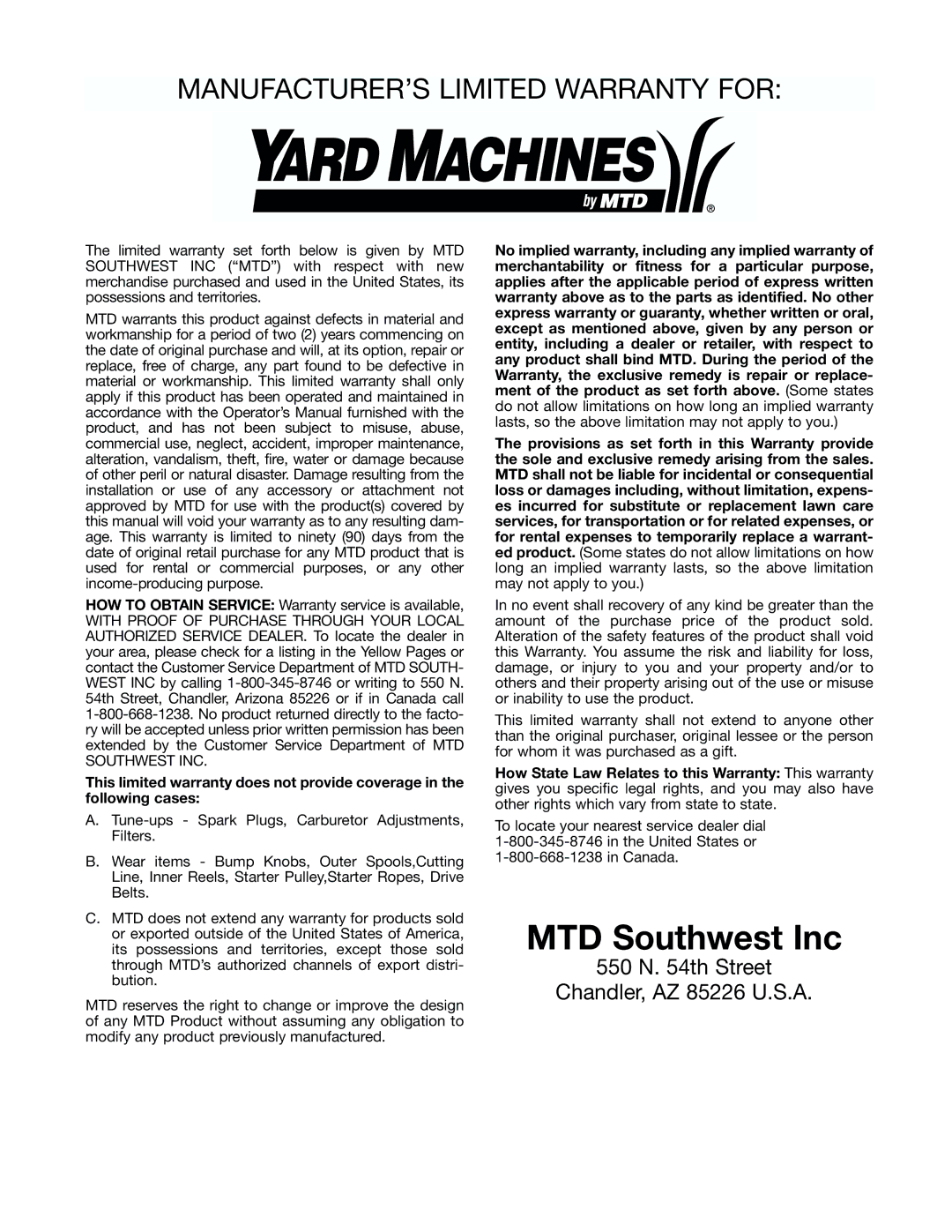 Yard Machines 41AD-280G000 manual MTD Southwest Inc 