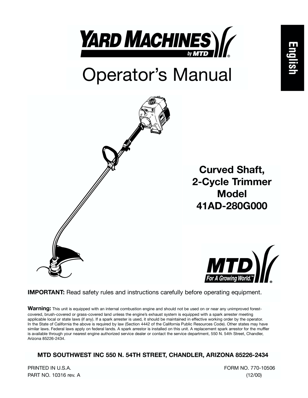 Yard Machines manual Curved Shaft 2-Cycle Trimmer Model 41AD-280G000, Operator’s Manual, English 