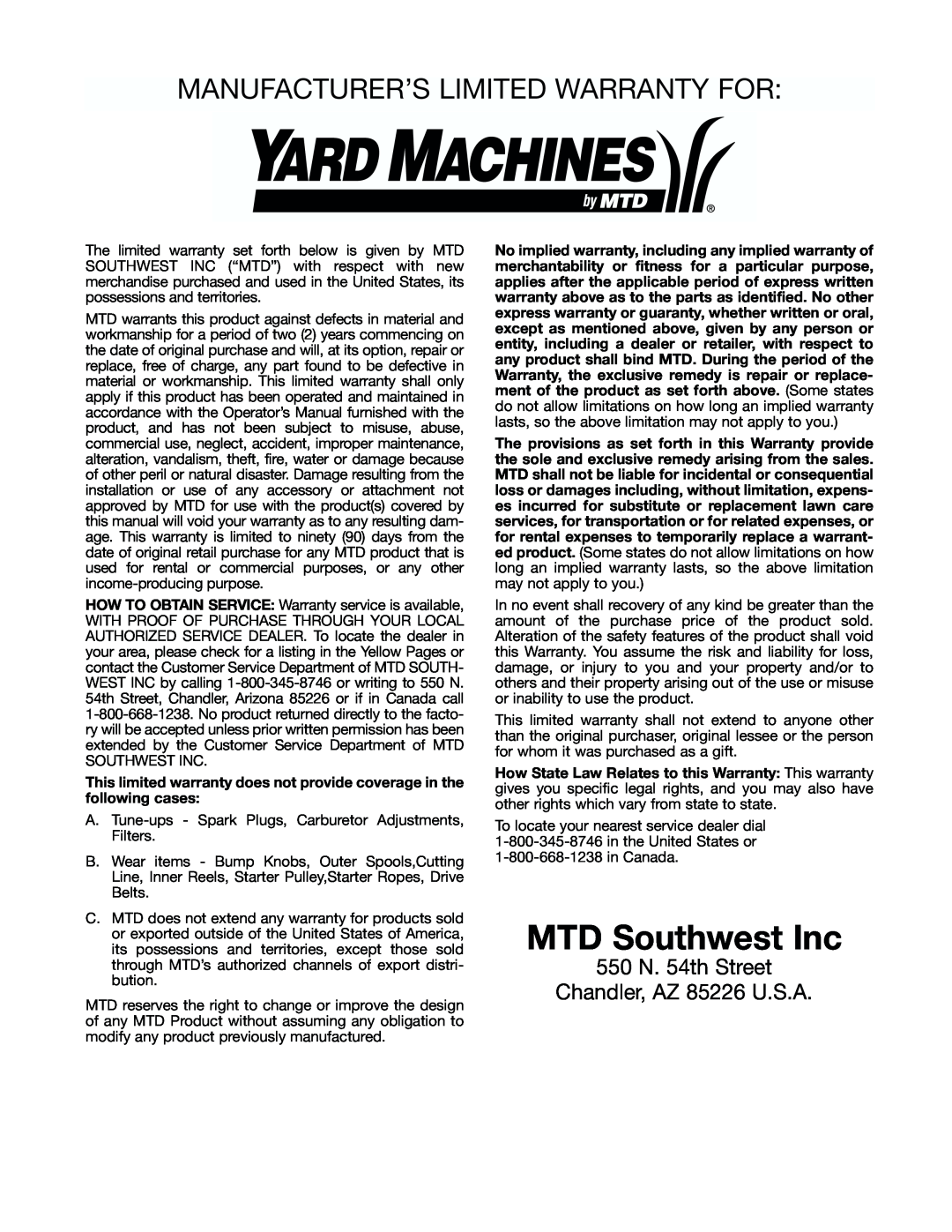 Yard Machines 41AD-280G000 manual MTD Southwest Inc, Manufacturer’S Limited Warranty For 