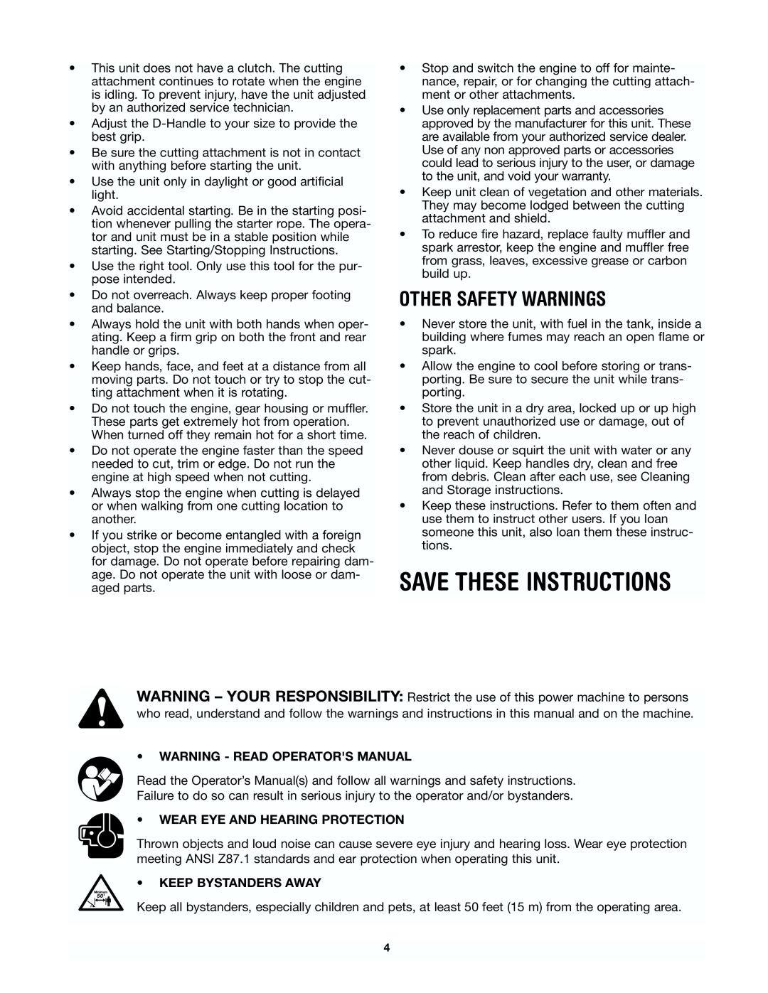 Yard Machines 41AD-280G000 manual Save These Instructions, Other Safety Warnings, Warning - Read Operators Manual 