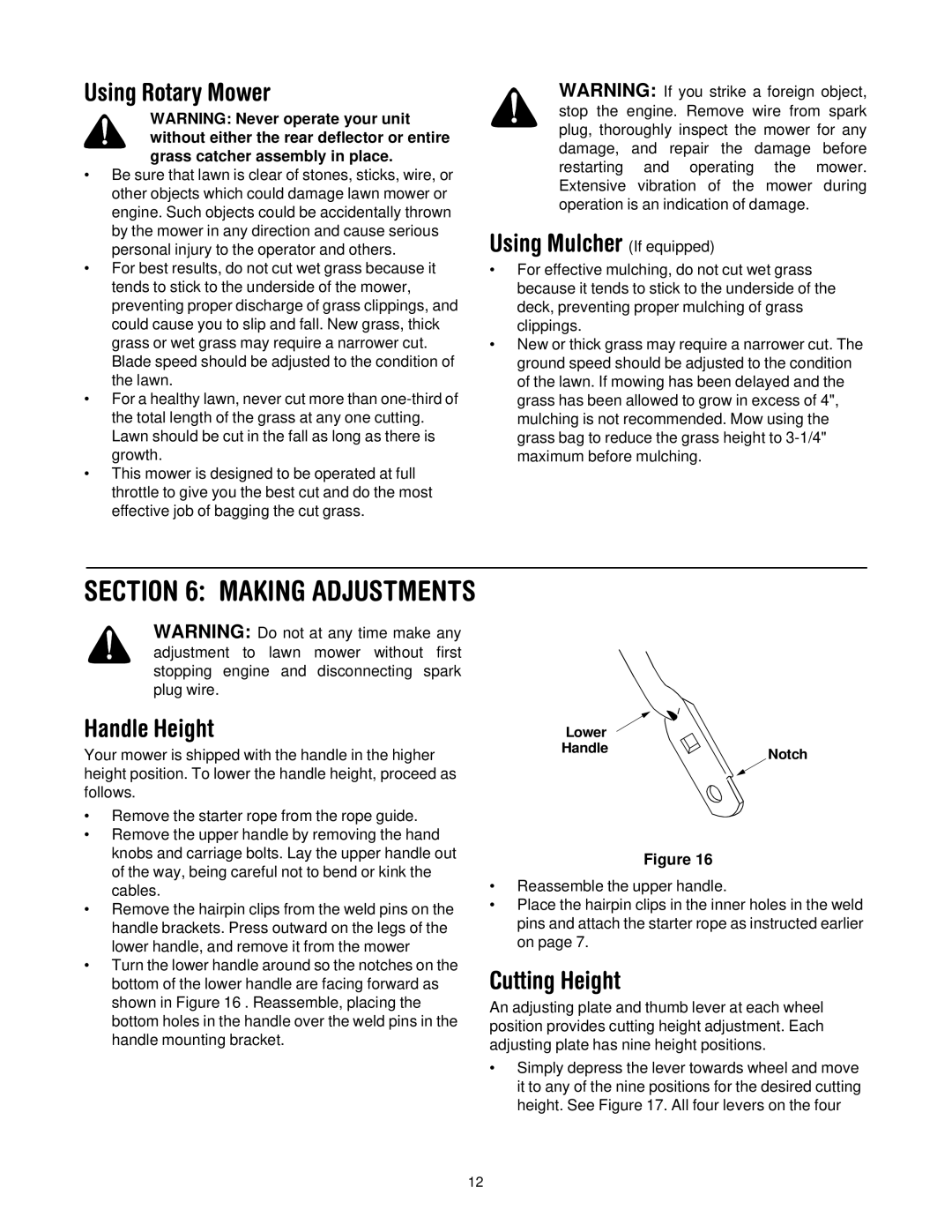 Yard Machines 429 manual Using Rotary Mower, Using Mulcher If equipped, Handle Height, Cutting Height 