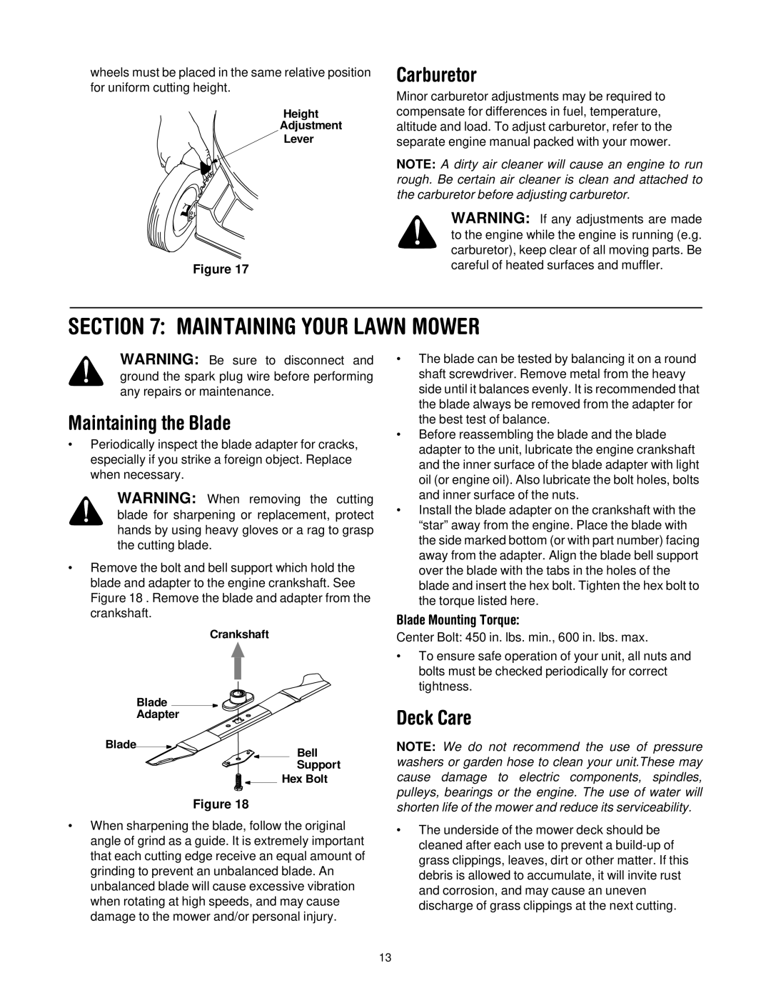 Yard Machines 429 manual Maintaining Your Lawn Mower, Carburetor, Maintaining the Blade, Deck Care, Blade Mounting Torque 