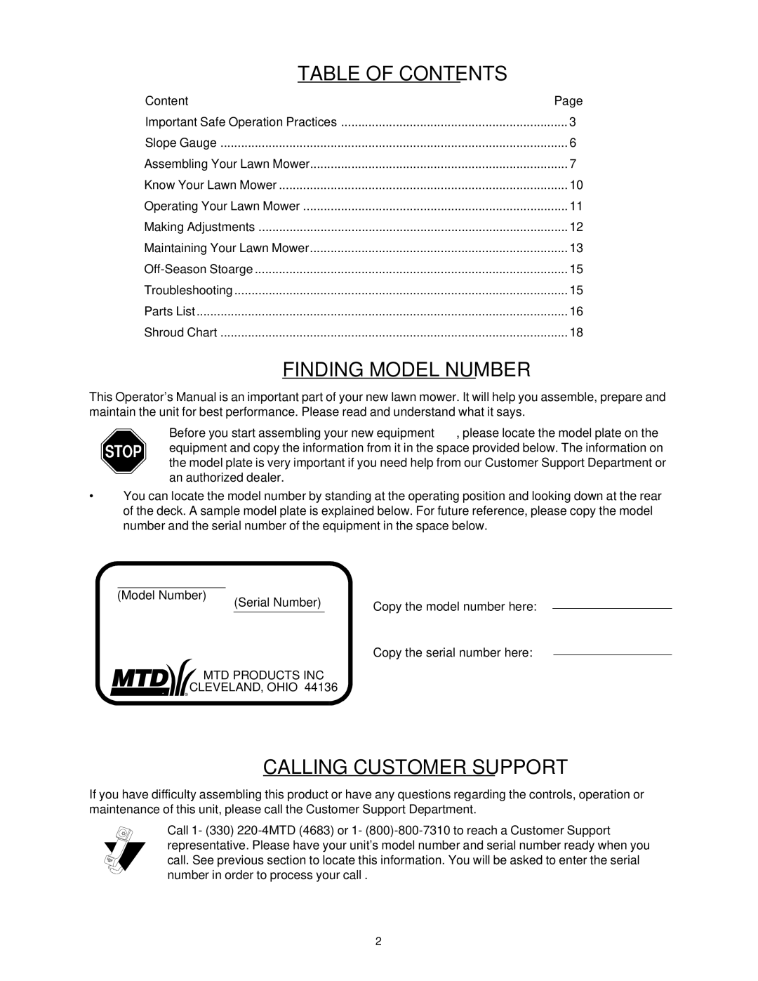 Yard Machines 429 manual Table of Contents 