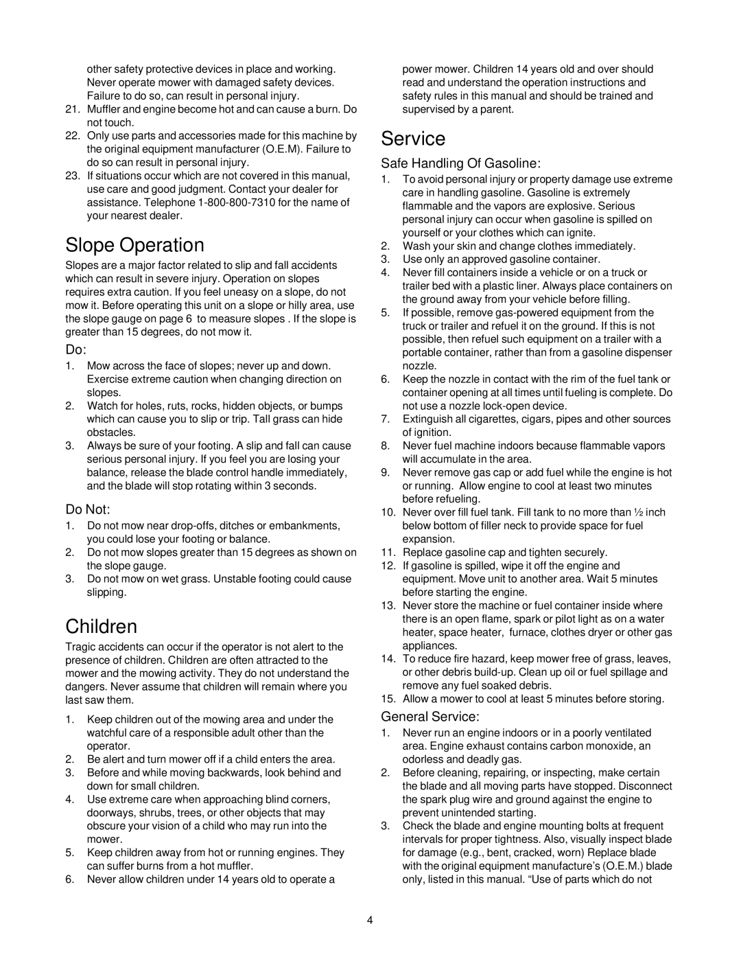 Yard Machines 429 manual Slope Operation, Children, Service 