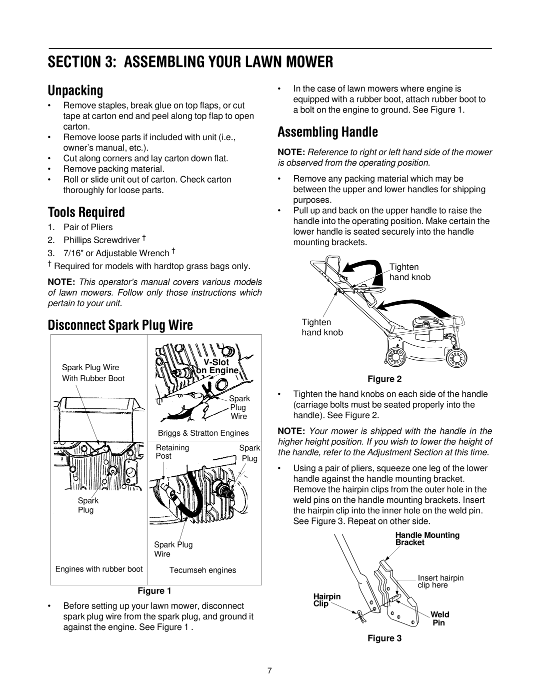 Yard Machines 429 Assembling Your Lawn Mower, Unpacking, Tools Required, Disconnect Spark Plug Wire, Assembling Handle 