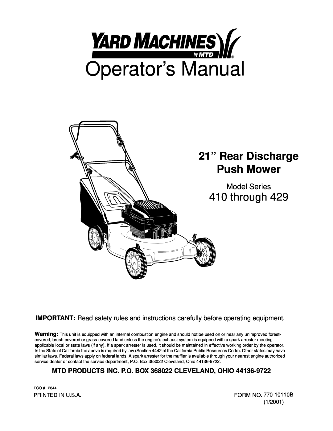 Yard Machines 429 manual Operator’s Manual, 21” Rear Discharge Push Mower, through, Model Series 