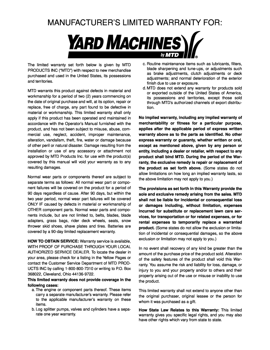Yard Machines 429 manual Manufacturer’S Limited Warranty For 