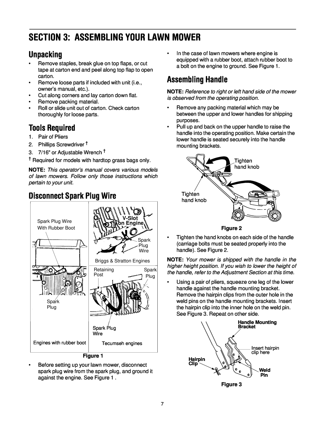 Yard Machines 429 Assembling Your Lawn Mower, Unpacking, Tools Required, Disconnect Spark Plug Wire, Assembling Handle 