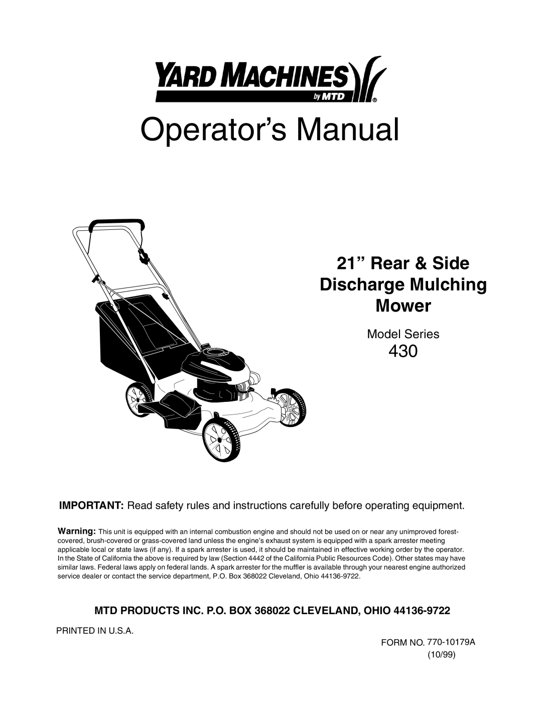 Yard Machines 430 manual Operator’s Manual 