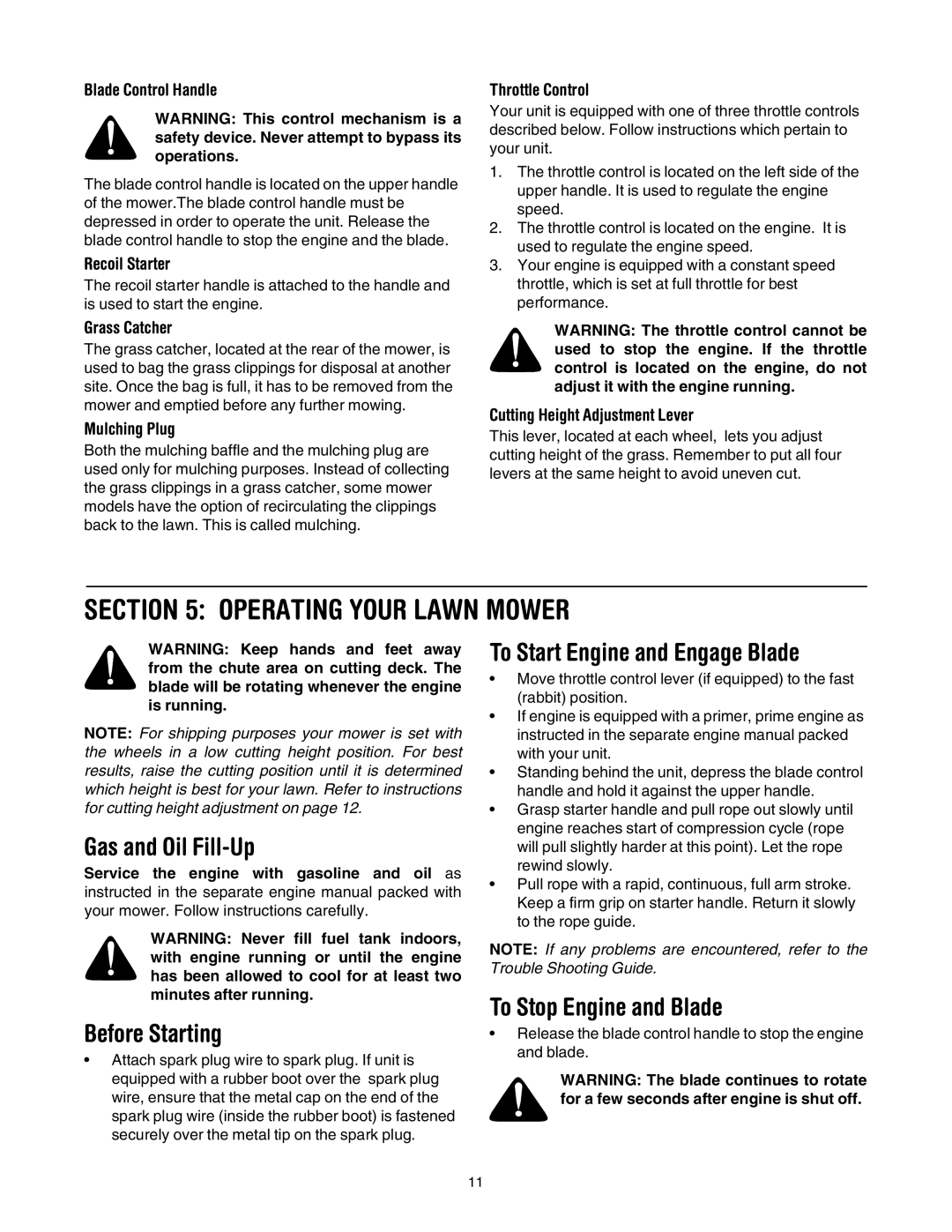Yard Machines 430 manual Operating Your Lawn Mower, Gas and Oil Fill-Up, Before Starting, To Start Engine and Engage Blade 