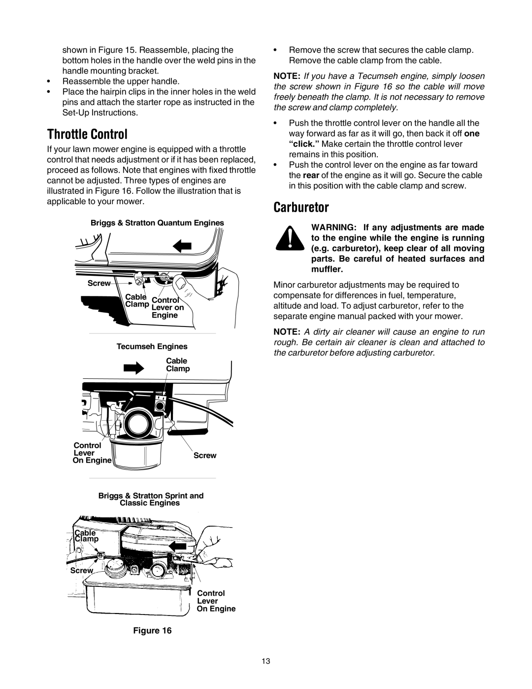 Yard Machines 430 manual Throttle Control, Carburetor 