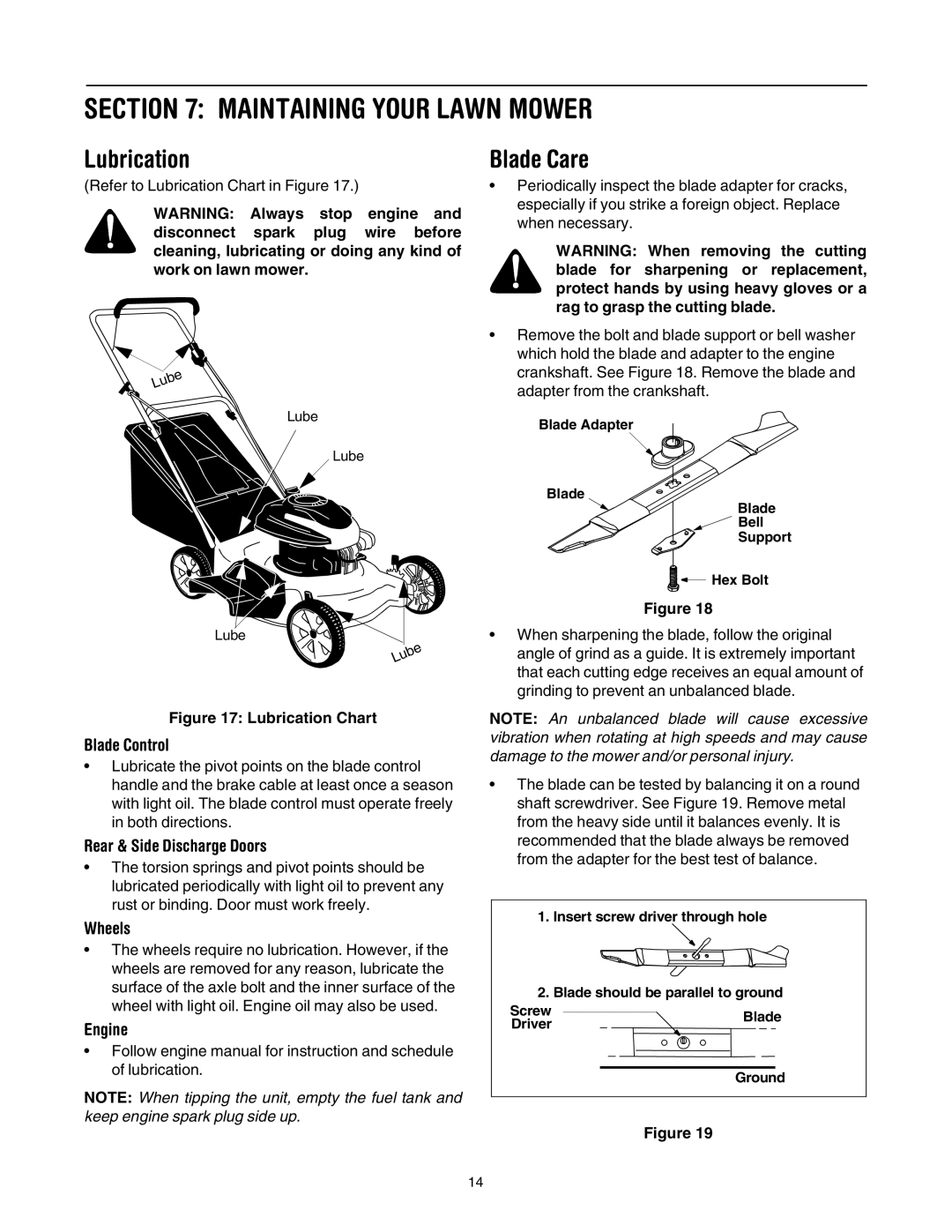 Yard Machines 430 manual Maintaining Your Lawn Mower, Lubrication, Blade Care 