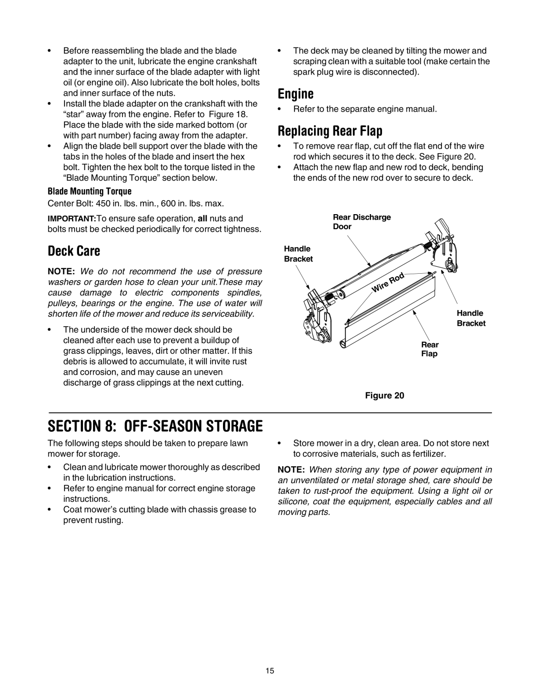 Yard Machines 430 manual Deck Care, Engine, Replacing Rear Flap, Blade Mounting Torque 