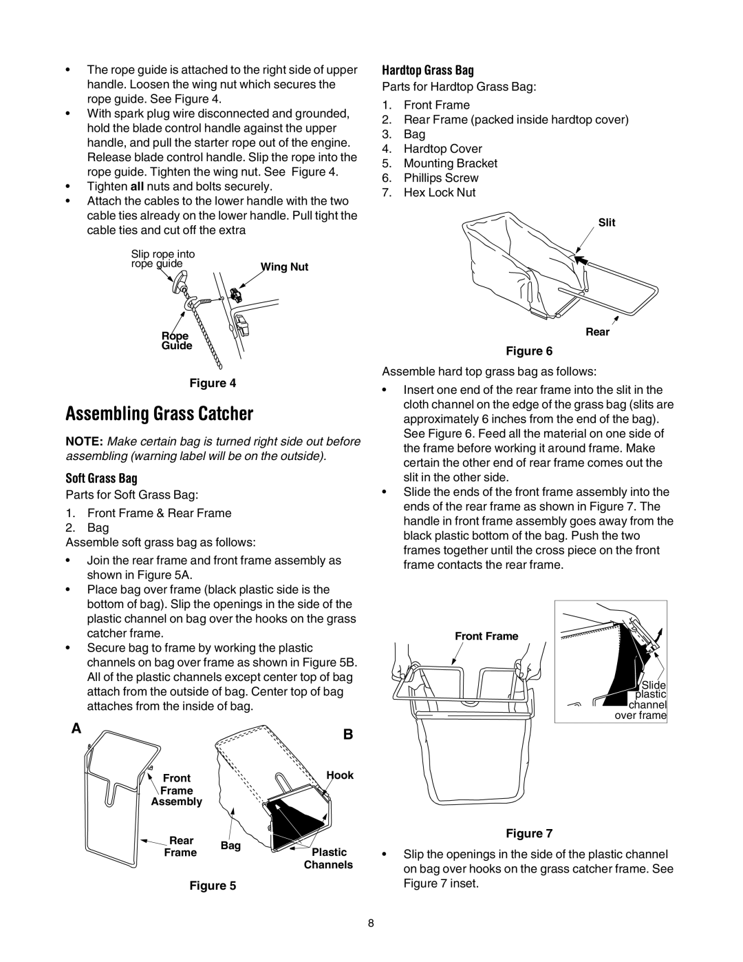 Yard Machines 430 manual Assembling Grass Catcher, Hardtop Grass Bag, Soft Grass Bag 