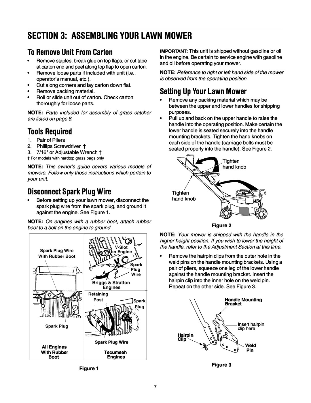 Yard Machines 430 manual Assembling Your Lawn Mower, To Remove Unit From Carton, Tools Required, Disconnect Spark Plug Wire 