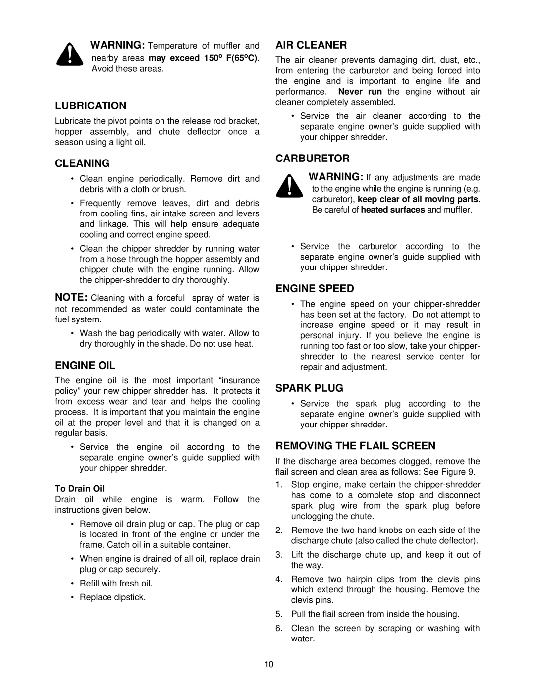 Yard Machines 462 Thru 465 manual Lubrication, Cleaning, Engine OIL, AIR Cleaner, Carburetor, Engine Speed, Spark Plug 