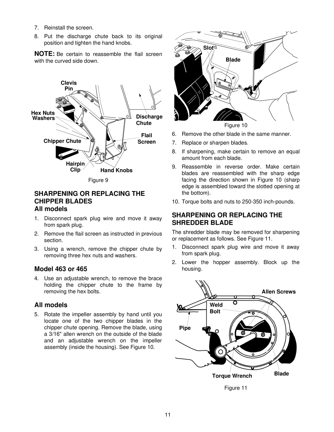 Yard Machines 462 Thru 465 manual Sharpening or Replacing the Chipper Blades, Sharpening or Replacing the Shredder Blade 