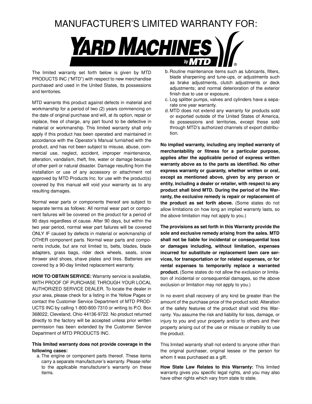 Yard Machines 462 Thru 465 manual MANUFACTURER’S Limited Warranty for 