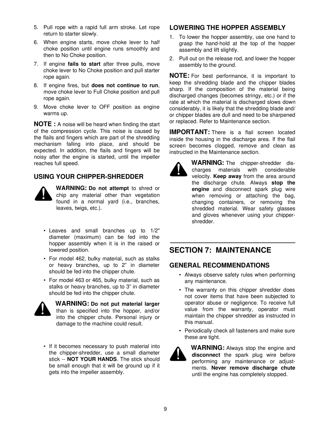 Yard Machines 462 Thru 465 Maintenance, Using Your CHIPPER-SHREDDER, Lowering the Hopper Assembly, General Recommendations 