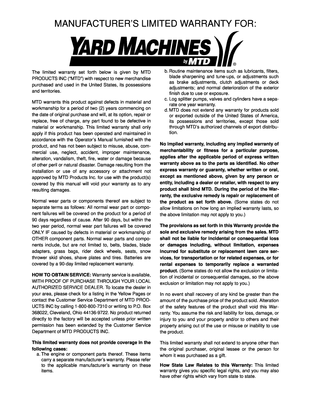 Yard Machines 462 Thru 465 manual Manufacturer’S Limited Warranty For 