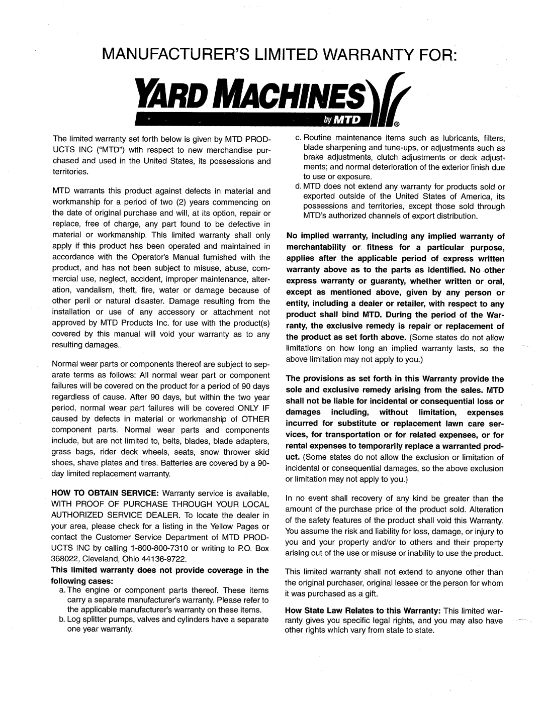 Yard Machines 500, 519 manual 