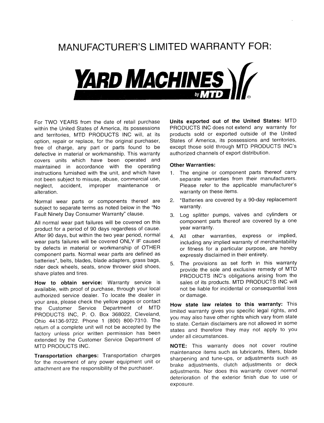 Yard Machines 500 Thru 509 manual 