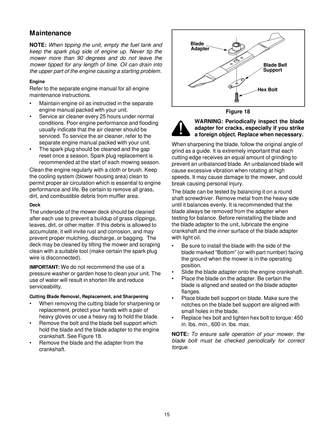 Yard Machines 509 manual Maintenance, Engine, Deck 