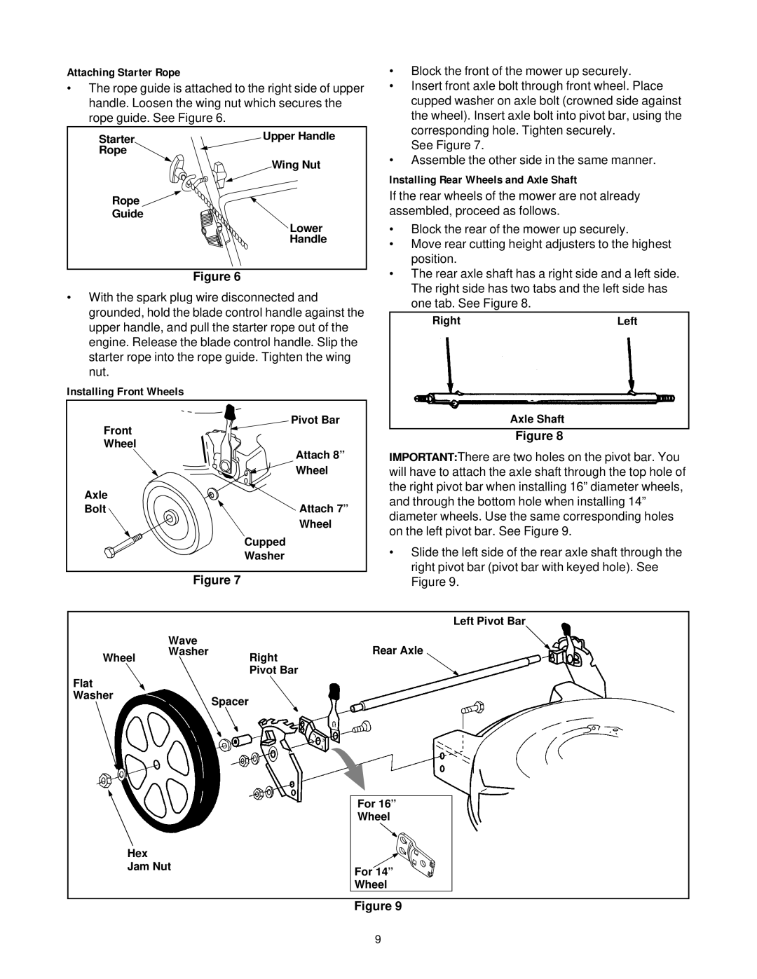 Yard Machines 509 manual Attaching Starter Rope, Installing Front Wheels, Installing Rear Wheels and Axle Shaft 