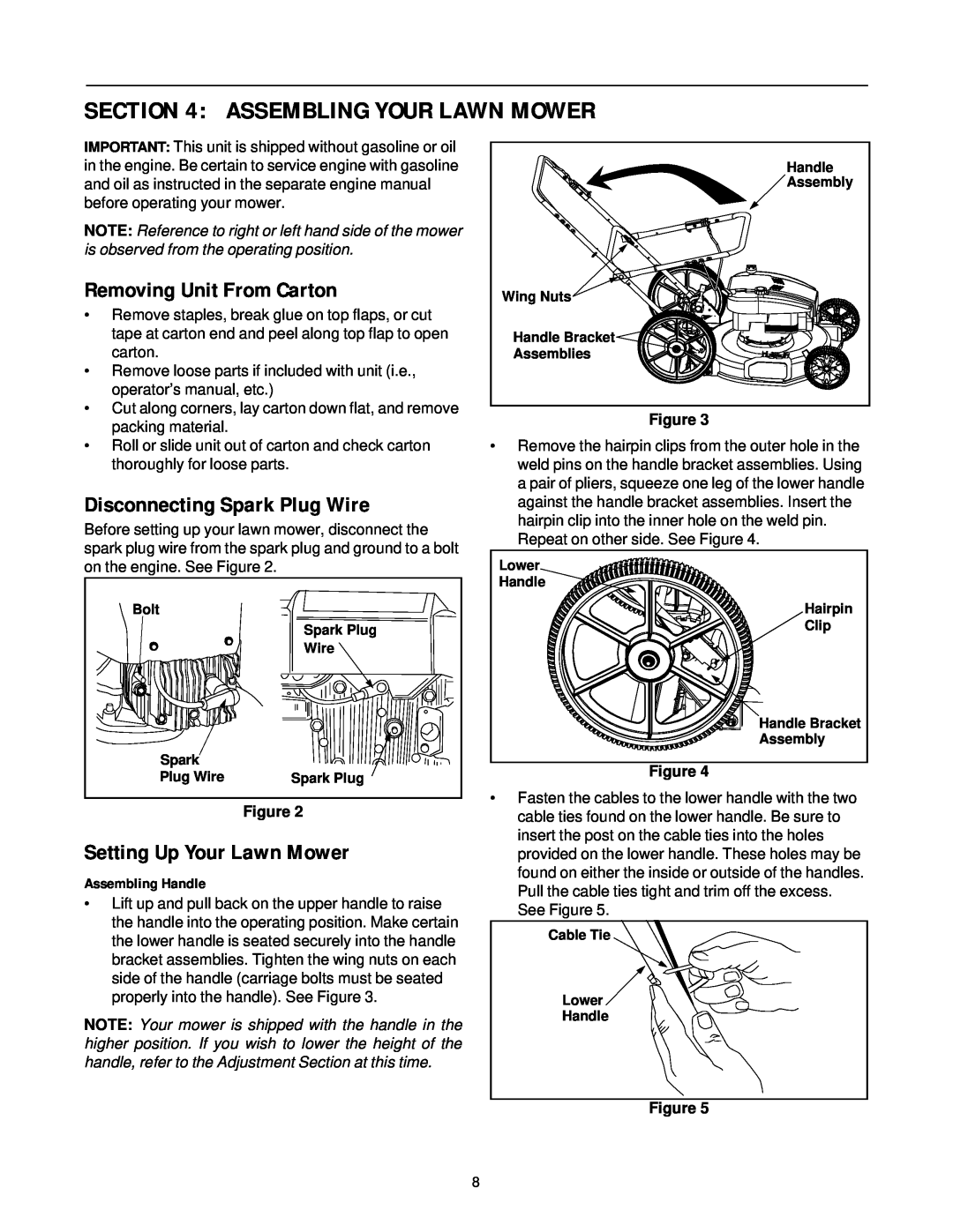 Yard Machines 509 Assembling Your Lawn Mower, Removing Unit From Carton, Disconnecting Spark Plug Wire, Assembling Handle 