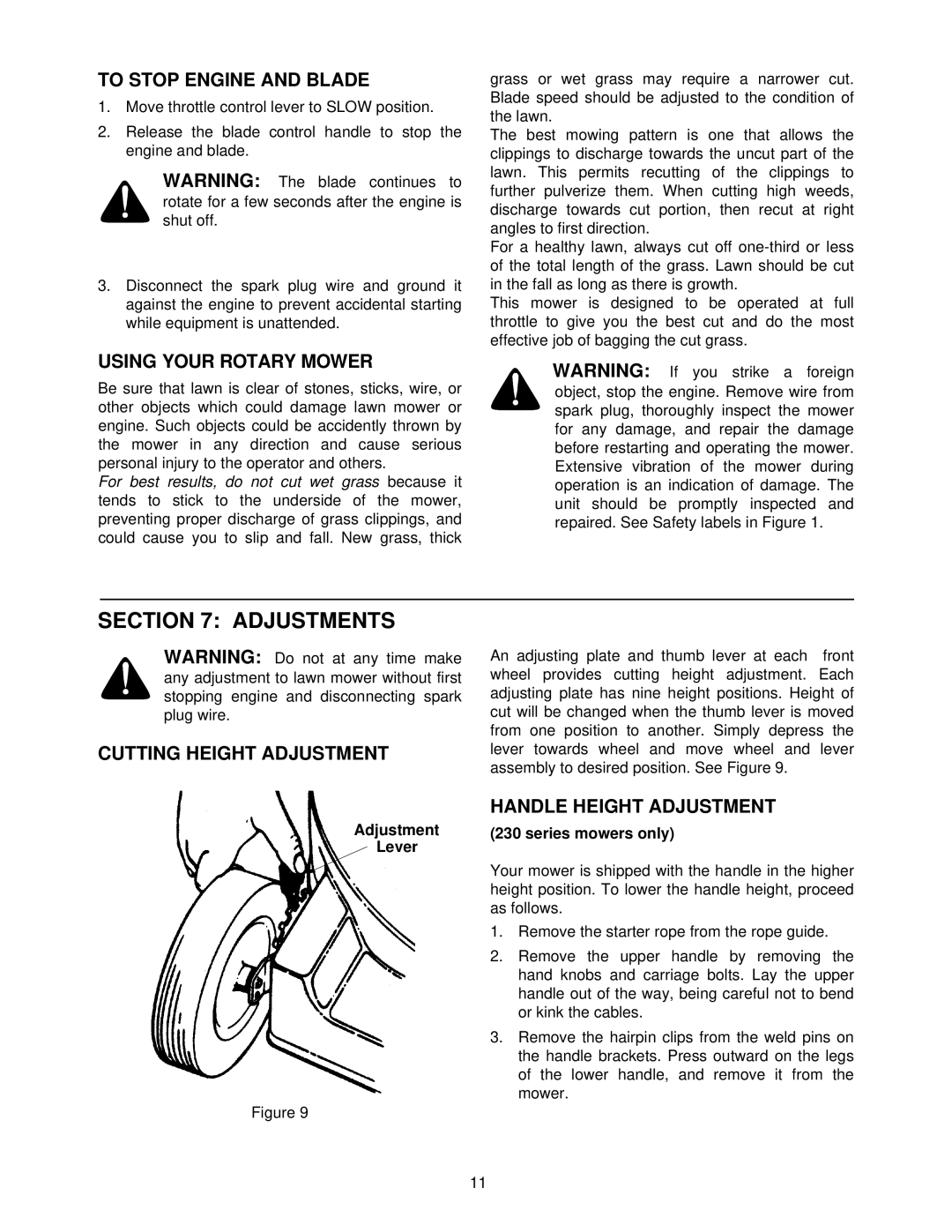 Yard Machines 230, 520, 330 manual Adjustments, To Stop Engine and Blade, Using Your Rotary Mower, Cutting Height Adjustment 