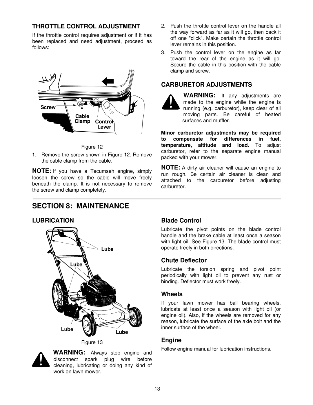 Yard Machines 330, 520, 230 manual Maintenance, Throttle Control Adjustment, Carburetor Adjustments, Lubrication 