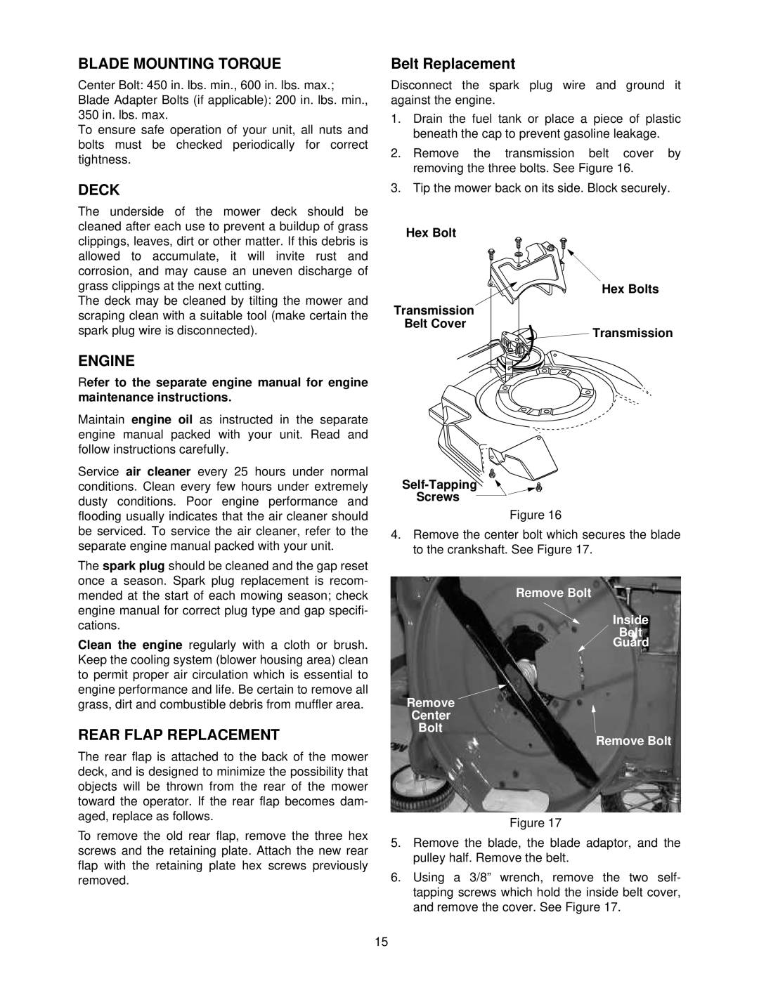 Yard Machines 520, 330, 230 manual Blade Mounting Torque, Deck, Engine, Rear Flap Replacement 