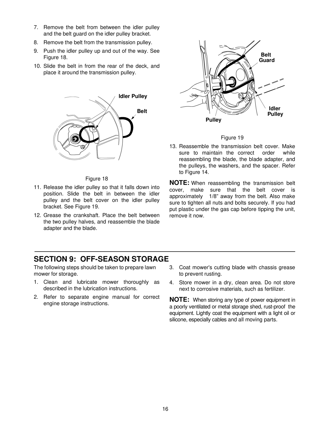 Yard Machines 330, 520, 230 manual OFF-SEASON Storage, Idler Pulley Belt, Belt Guard Idler Pulley 