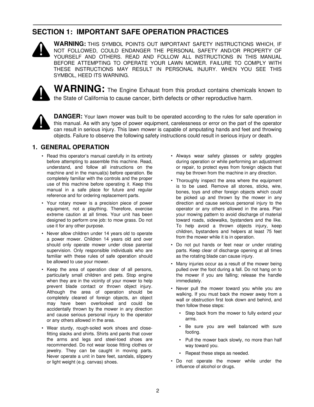 Yard Machines 230, 520, 330 manual Important Safe Operation Practices, General Operation 