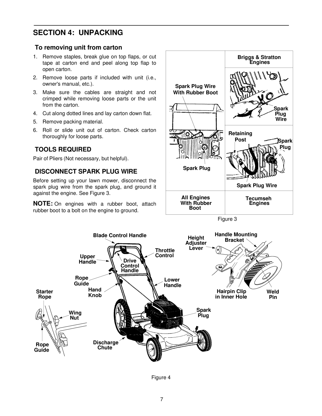 Yard Machines 330, 520, 230 manual Unpacking, Tools Required, Disconnect Spark Plug Wire, Upper Drive Control Handle 