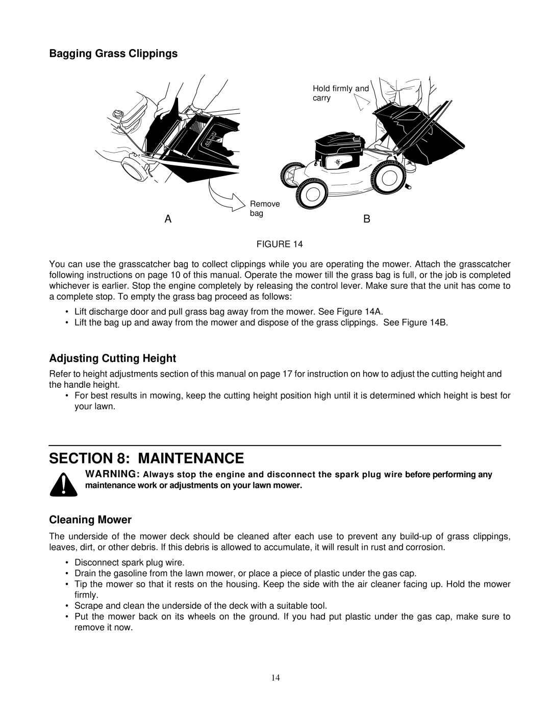 Yard Machines 540 manual Maintenance, Bagging Grass Clippings, Adjusting Cutting Height, Cleaning Mower 