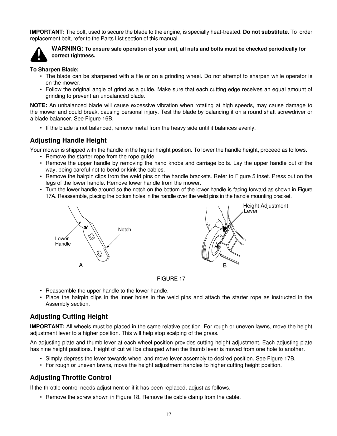 Yard Machines 540 manual Adjusting Handle Height, Adjusting Throttle Control, To Sharpen Blade 