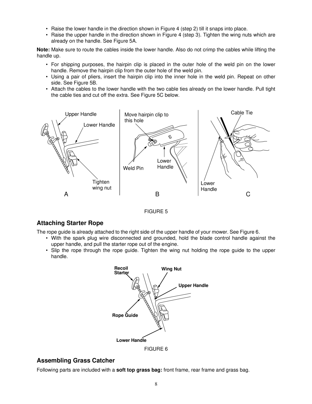 Yard Machines 540 manual Attaching Starter Rope, Assembling Grass Catcher 