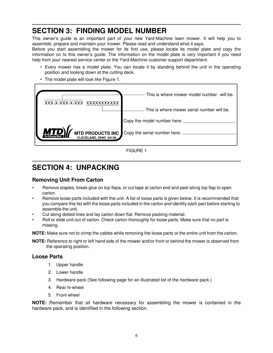 Yard Machines 570 manual Finding Model Number, Unpacking, Removing Unit From Carton, Loose Parts 