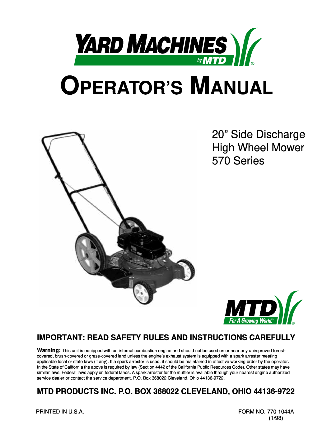 Yard Machines manual Operator’S Manual, 20” Side Discharge High Wheel Mower 570 Series 