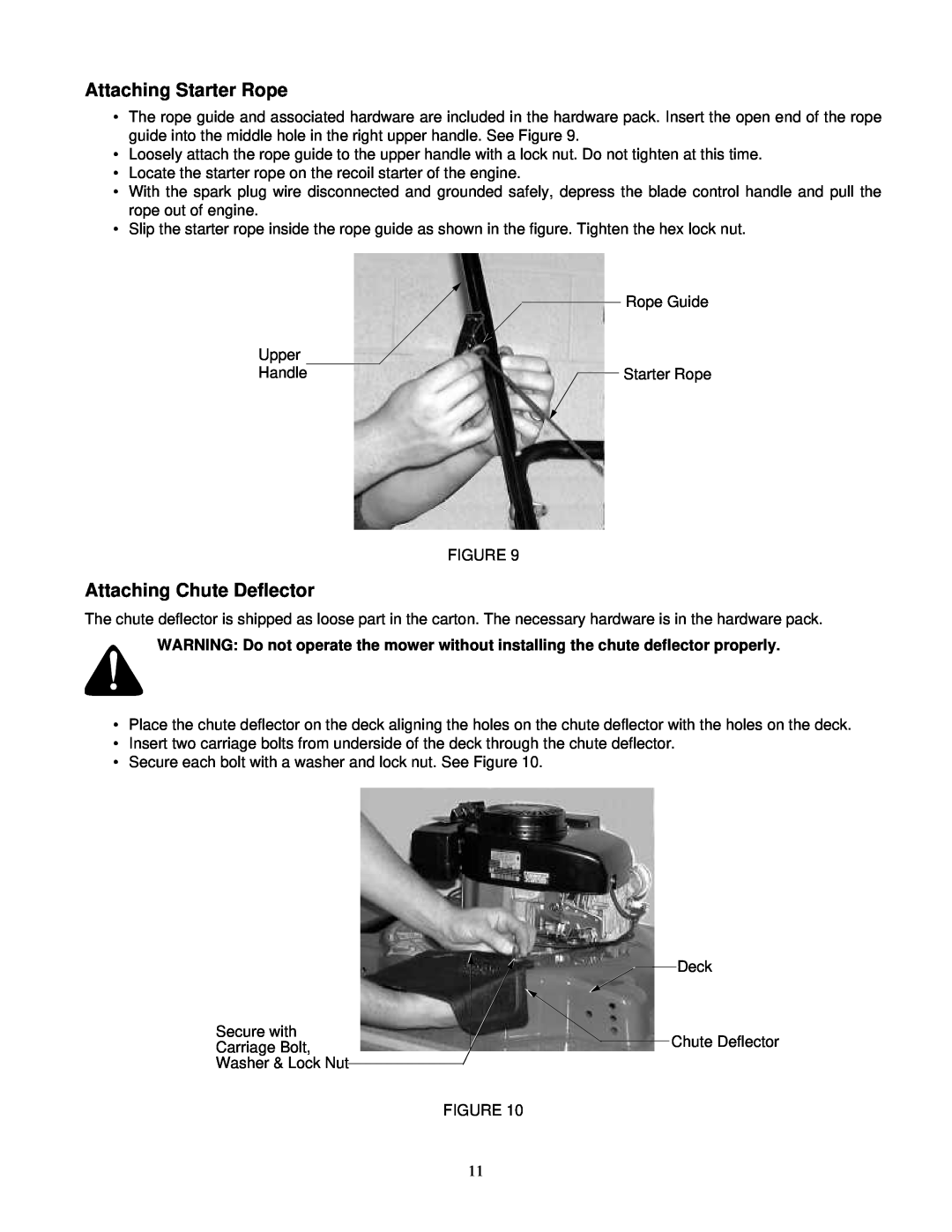Yard Machines 570 manual Attaching Starter Rope, Attaching Chute Deflector 