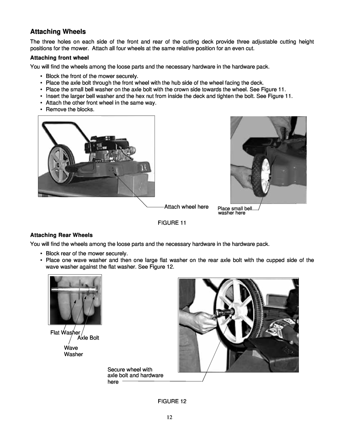Yard Machines 570 manual Attaching Wheels, Attaching front wheel, Attaching Rear Wheels 