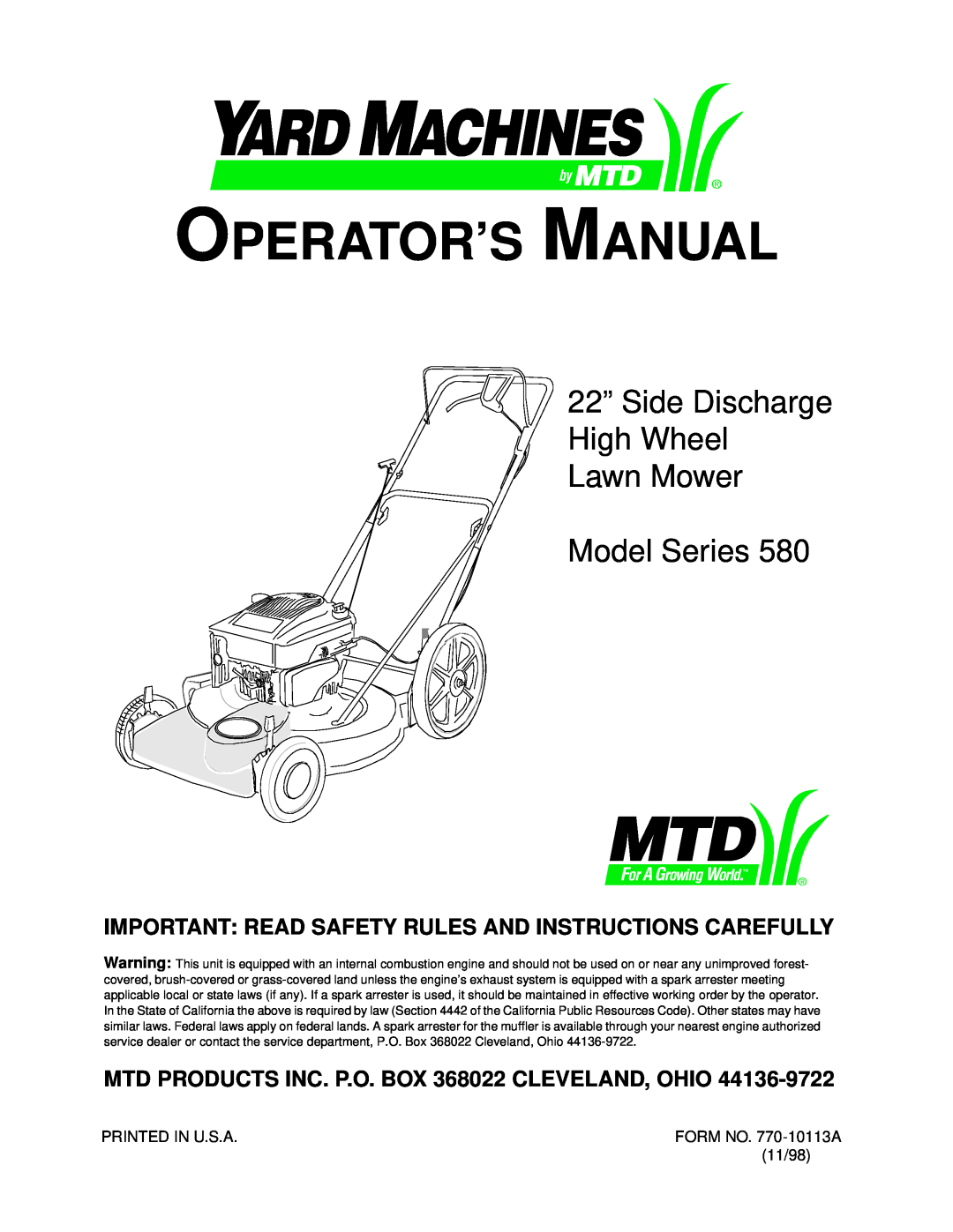 Yard Machines 580 Series manual MTD PRODUCTS INC. P.O. BOX 368022 CLEVELAND, OHIO, Operator’S Manual, Model Series 