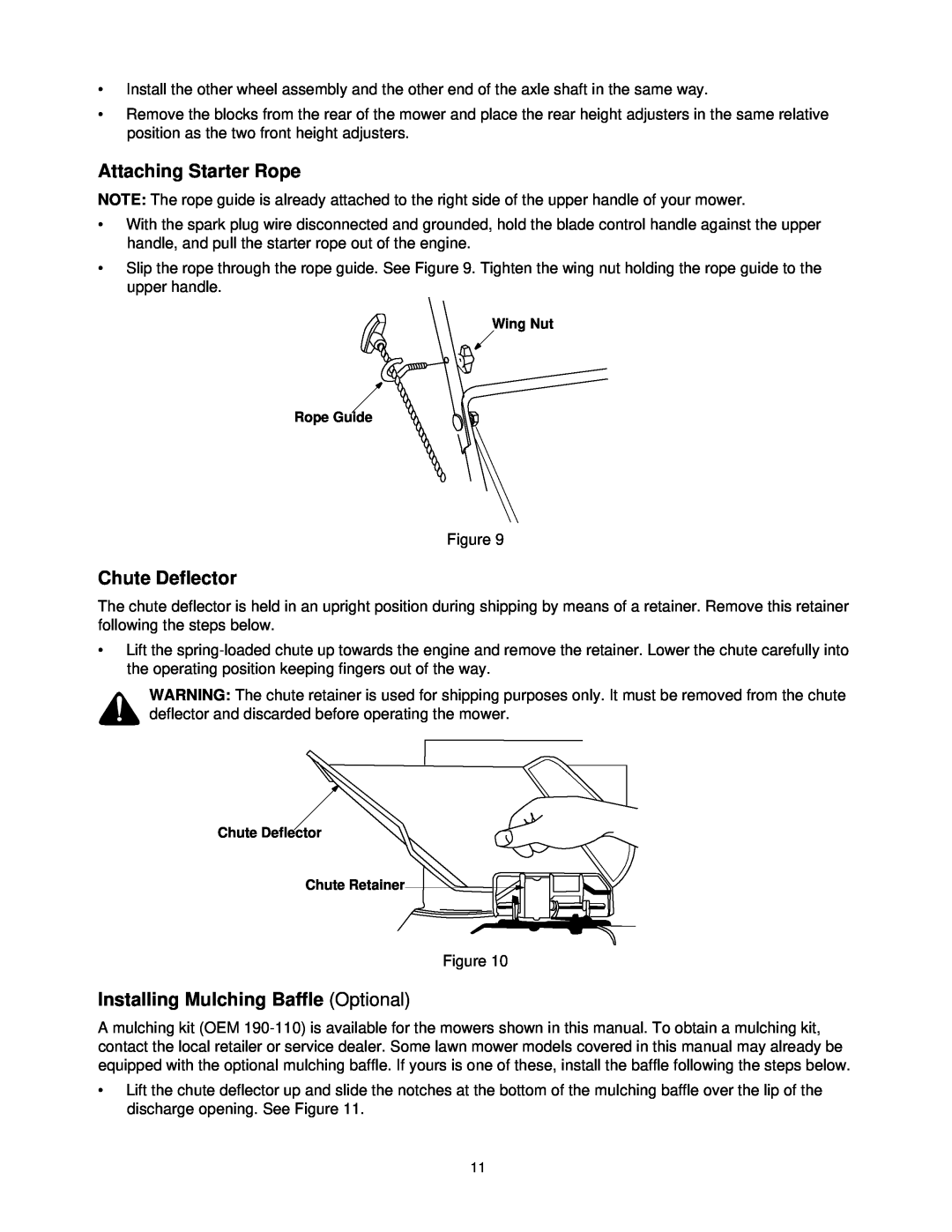Yard Machines 580 Series manual Attaching Starter Rope, Chute Deflector, Installing Mulching Baffle Optional 