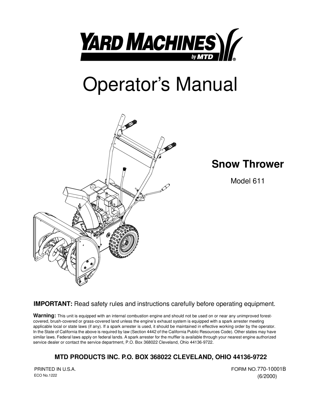 Yard Machines 611 manual Operator’s Manual 