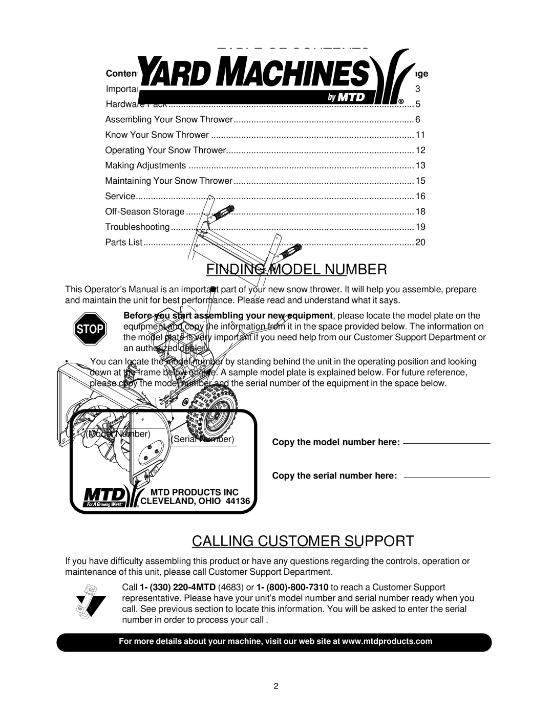 Yard Machines 611 manual Table of Contents 